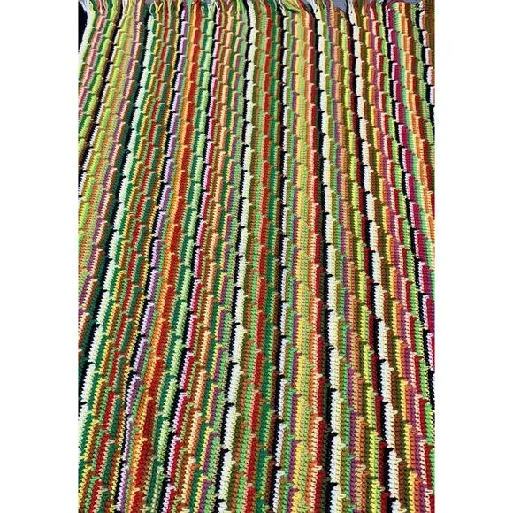VINTAGE AFGHAN THROW BLANKET RUG 1970s RETRO MULTI-COLOR 62x44 - Picture 9 of 9